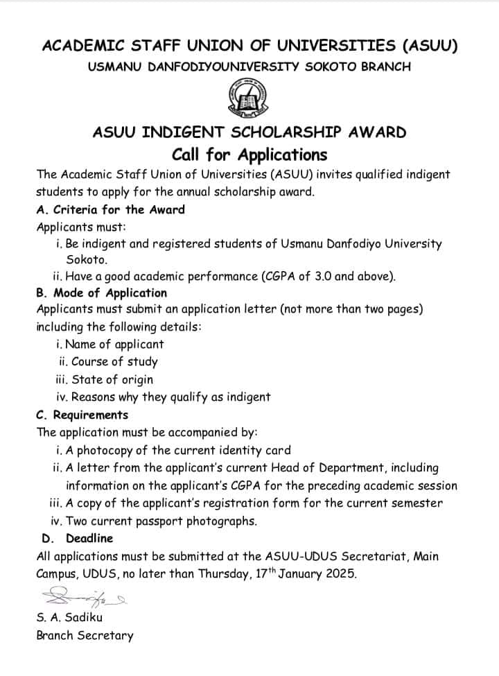 ASUU-UDUSOK Indigent Students Scholarship Award 2024/2025 1 ASUU-UDUSOK Indigent Scholarship Award 2024/2025