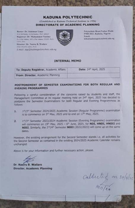KADPOLY postpones examination for both regular and evenng programme students