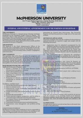 McPherson University announces vacancy for the position of a Registrar