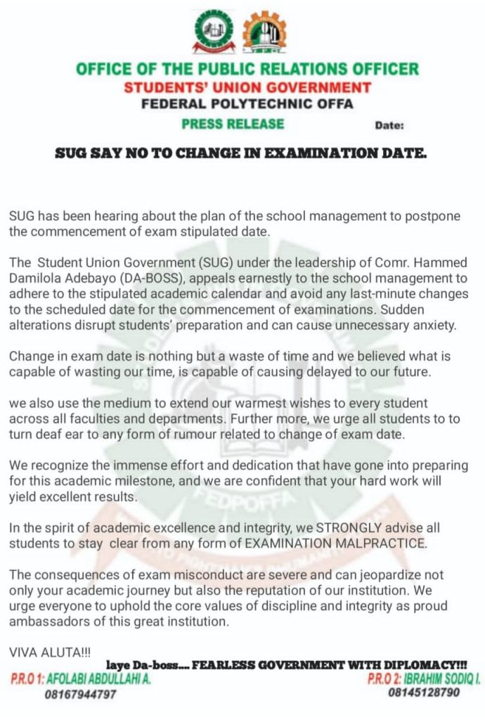 SAY NO TO CHANGE IN EXAMINATION DATE- SUG FEDPOFFA 4 SAY NO TO CHANGE IN EXAMINATION DATE- SUG FEDPOFFA