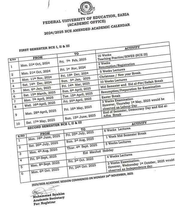 FUE, Zaria NCE 2nd semester amended academic calendar, 2024/2025 1 FUE, Zaria NCE 2nd semester amended academic calendar, 2024/2025