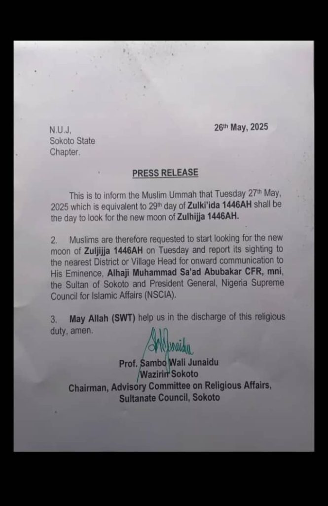 Let be searching for the moon of Zuljijja 1446AH-Sultan Sokoto 10 Let be searching for the moon of Zuljijja 1446AH-Sultan Sokoto