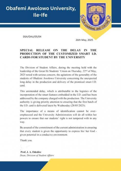 OAU notice on delay in the production of students' ID card 1 OAU notice on delay in the production of students' ID card