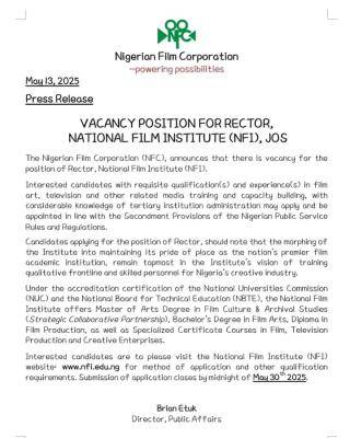 National Film Institute, Jos announces vacancy for the position of a Rector 1 National Film Institute, Jos announces vacancy for the position of a Rector