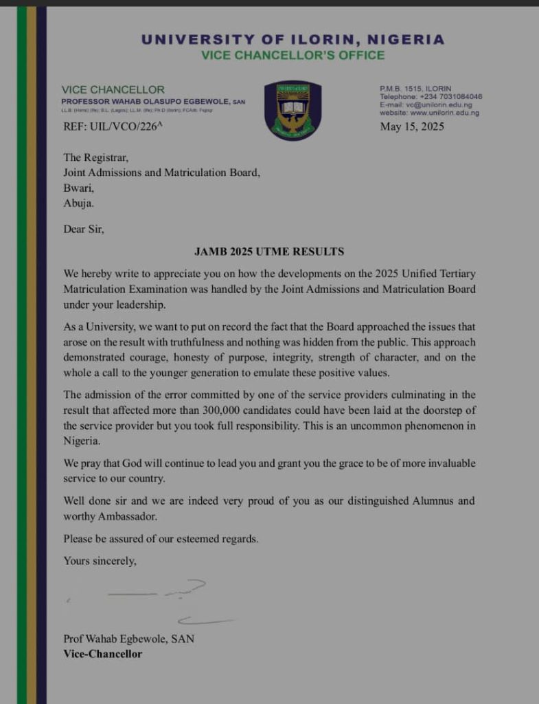 UNILORIN VC COMMENDS JAMB REGISTRAR OVER TRANSPARENCY 22 UNILORIN VC COMMENDS JAMB REGISTRAR OVER TRANSPARENCY