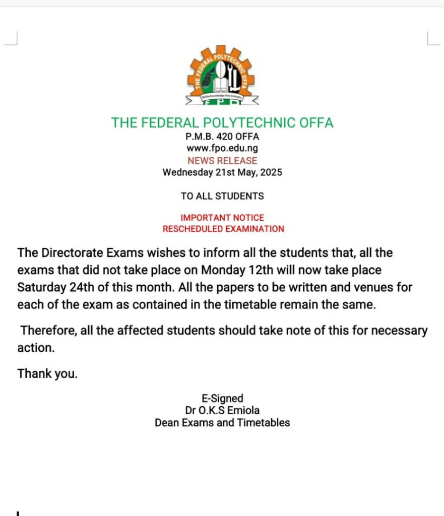 Examination Rescheduled- Fedpoffa Management 3 Examination Rescheduled- Fedpoffa Management