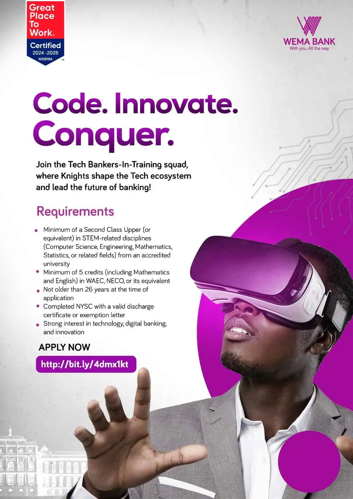 Wema Bank Plc Bankers in Training (BIT) Program 2025 1 Apply for Wema Bank Bankers in Training Programme 2025 - Start a career in tech with full training and benefits