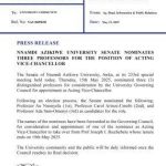 UNIZIK Senate nominates 3 Professors for the position of Acting Vice-Chancellor 5 UNIZIK Senate nominates 3 Professors for the position of Acting Vice-Chancellor