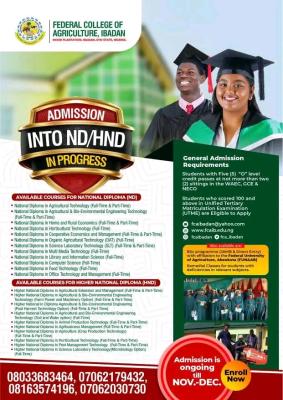 Federal College Of Agriculture Moor Plantation ND/HND admission, 2025/2026 1 Federal College Of Agriculture Moor Plantation ND/HND admission, 2025/2026