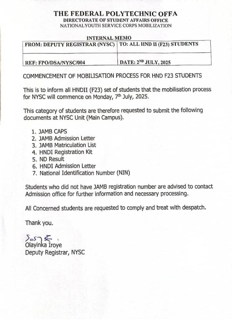 Commencement of Mobilization Process for HND F23 STUDENTS-FEDPOFFA Management
