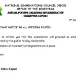 NECO EXAMINATION HOLDS TOMORROW DESPITE  PUBLIC HOLIDAYS