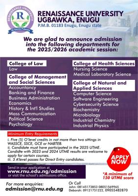 Renaissance University Post-UTME 2025: Cut-off mark, Eligibility and Registration Details 1 Renaissance University Post-UTME 2025: Cut-off mark, Eligibility and Registration Details