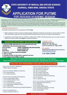 SUMAS Post-UTME 2025: Cut-off mark, Eligibility and Registration Details 1 SUMAS Post-UTME 2025: Cut-off mark, Eligibility and Registration Details