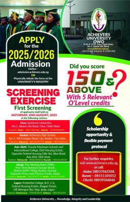 Achievers University Post-UTME/DE 2025: Eligibility and Registration details 1 Achievers University Post-UTME/DE 2025: Eligibility and Registration details