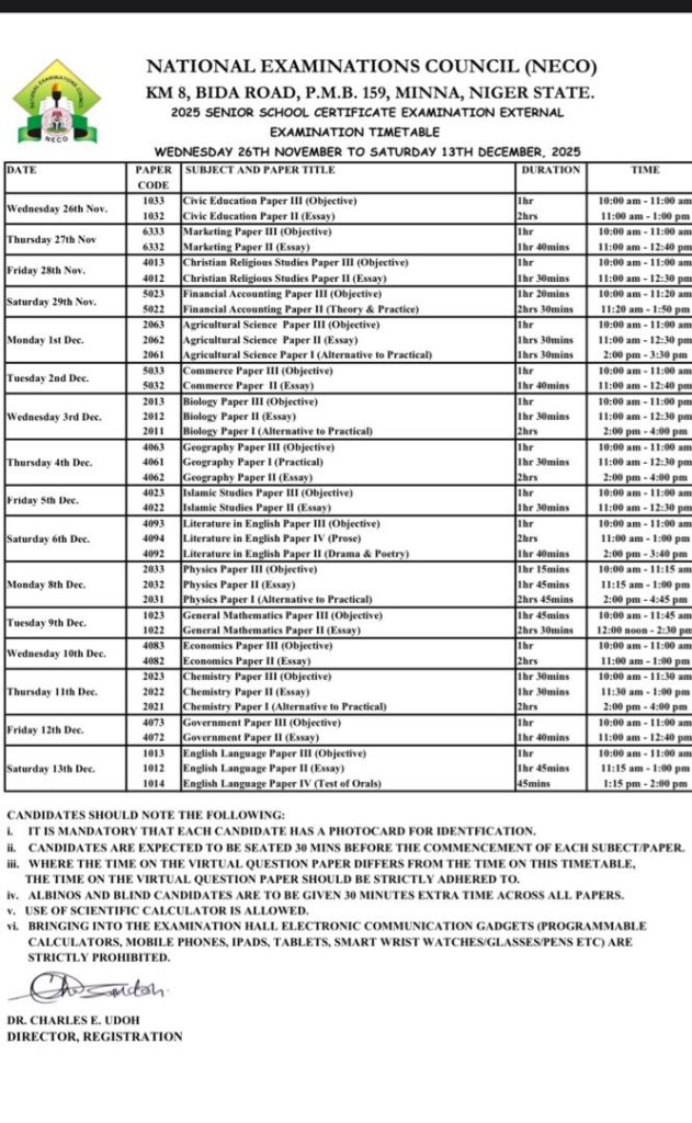 NECO RELEASES 2025 GCE TIME-TABLE. 16 NECO RELEASES 2025 GCE TIME-TABLE.