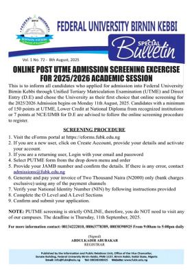 FUBK Post-UTME/DE 2025: Cut-off mark, Eligibility and Registration Details 1 FUBK Post-UTME/DE 2025: Cut-off mark, Eligibility and Registration Details