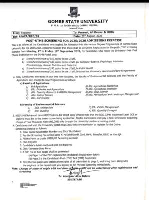 GOMSU Post-UTME/DE 2025: Cut-off mark, Eligibility and Registration Details