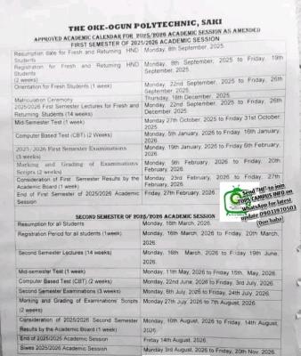 Oke-Ogun Poly approved academic calendar, 2025/2026