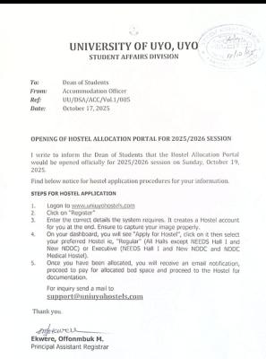UNIUYO announces opening of hostel allocation portal, 2025/2026 1 UNIUYO announces opening of hostel allocation portal, 2025/2026