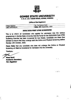 Gombe State University reopens Post-UTME application portal, 2025/2026 1 Gombe State University reopens Post-UTME application portal, 2025/26