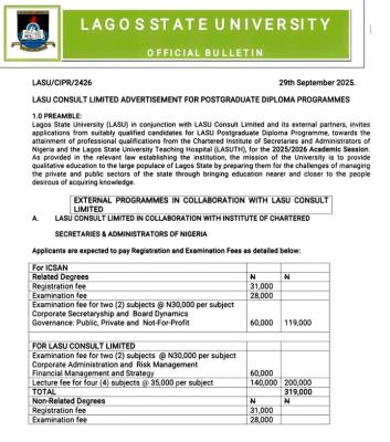 LASU announces Postgraduate Diploma programmes, 2025/2026 1 LASU announces Postgraduate Diploma programmes, 2025/2026